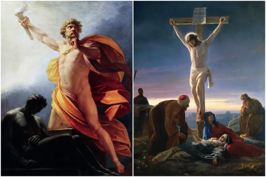 Maleri av Prometevs og maleri av Jesu korsfestelse